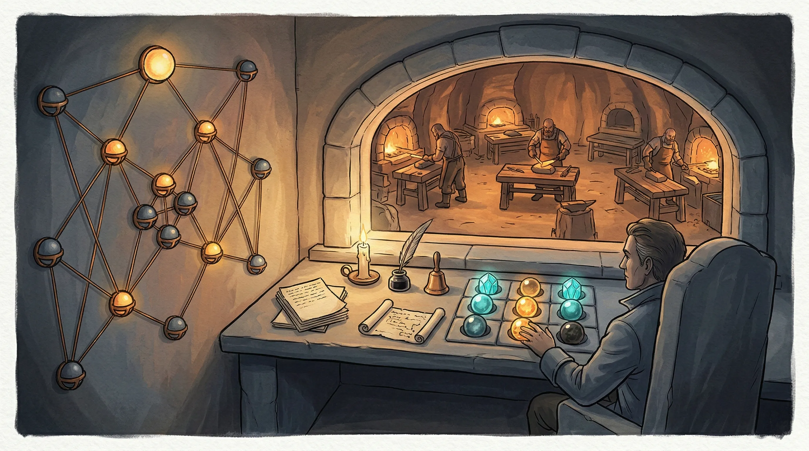 The Director's chamber — overlooking the workshop floor, status crystals on the desk, a network of speaking stones on the wall