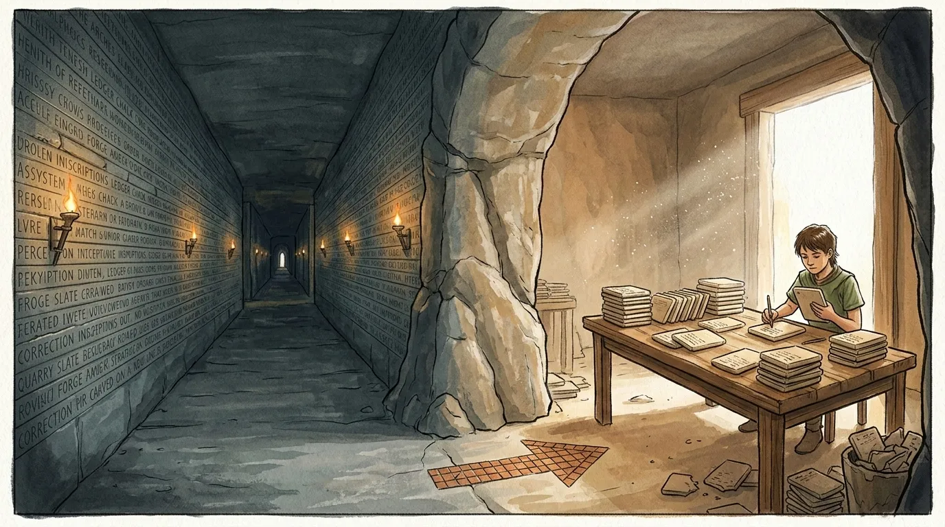 The dual record system — permanent wall-carvings deep in the quarry (JSONL) and expendable clay tablets at the entrance (SQLite)