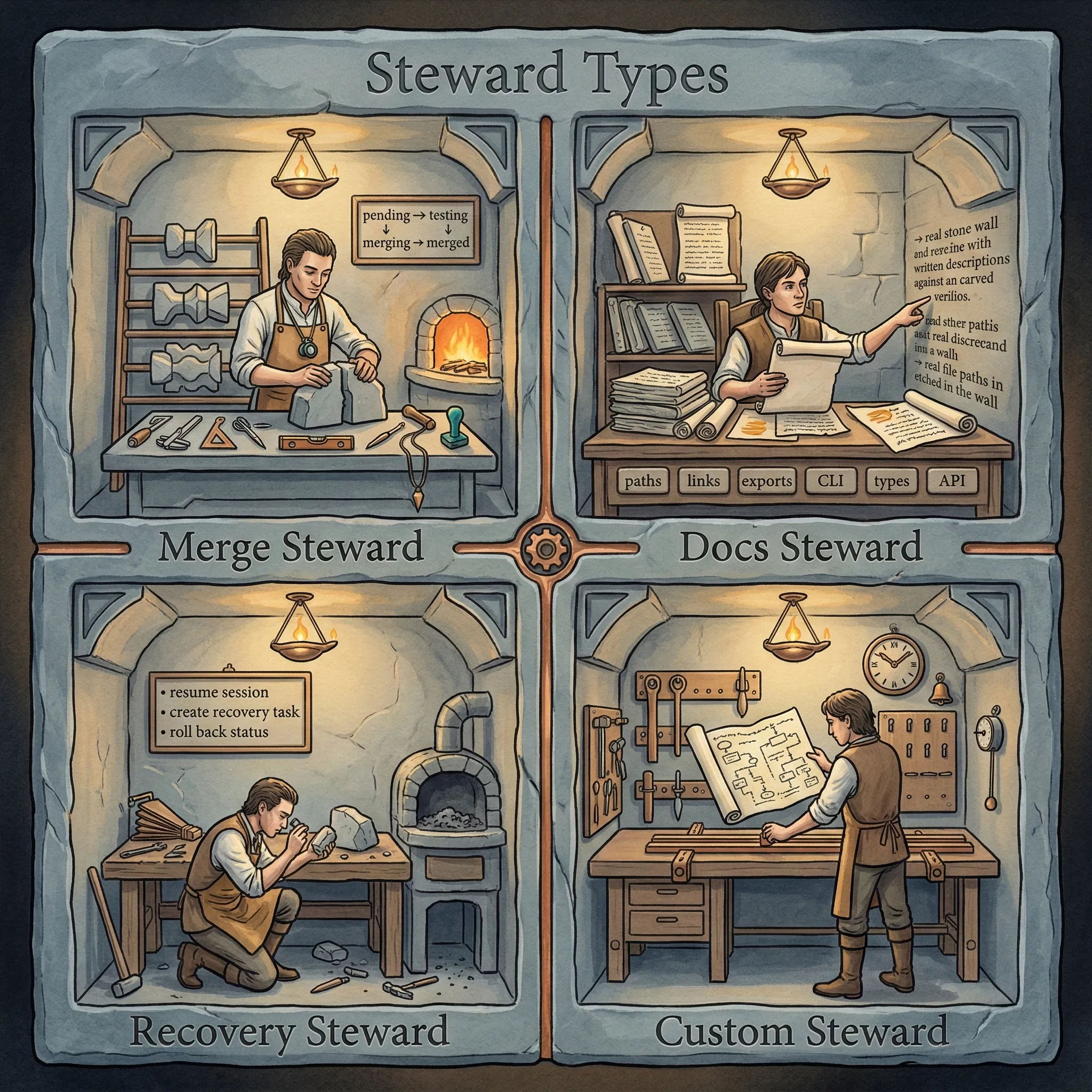 The Four Stewards — an infographic showing four specialized inspection niches, each with a distinct steward archetype and their tools of the trade