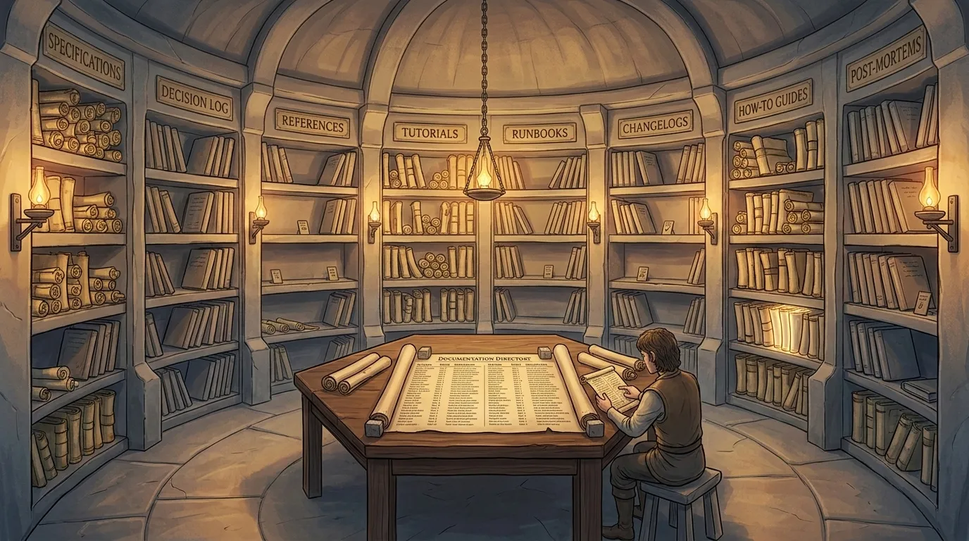 The guild archive — stone shelves of scrolls organized into labeled libraries, an artisan consulting the Documentation Directory at a reading desk