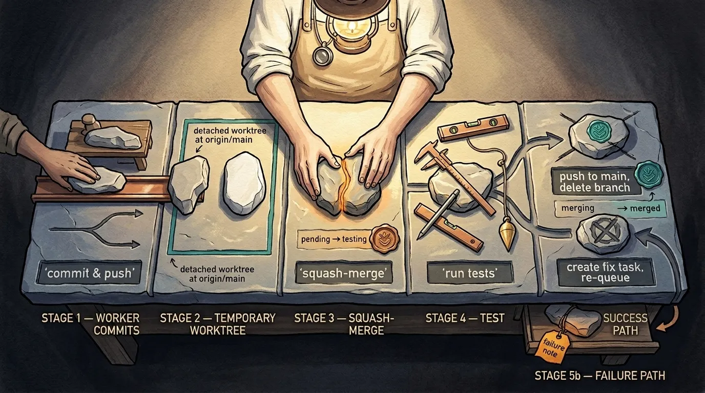 The merge flow — full branch lifecycle from worker commit through steward inspection to squash-merge, depicted as the Steward's workbench process