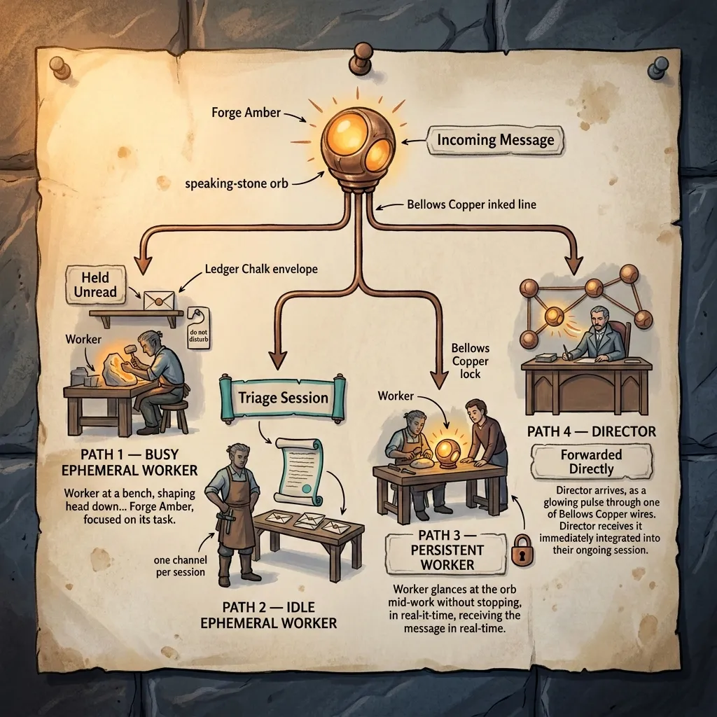 Message routing — how the dispatch daemon routes messages differently for busy workers, idle workers, persistent workers, and Directors