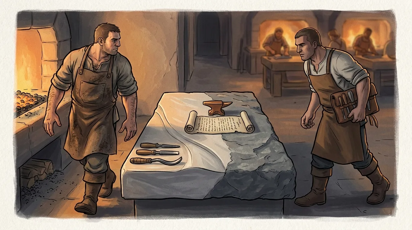 The Passing of the Chisel — one artisan steps away from a half-finished stone, handoff note secured on the bench, another artisan approaching