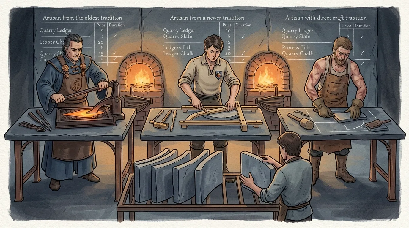 The Provider's Compact — three artisans from different traditions working side by side, distinct tools but shared infrastructure and compatible output