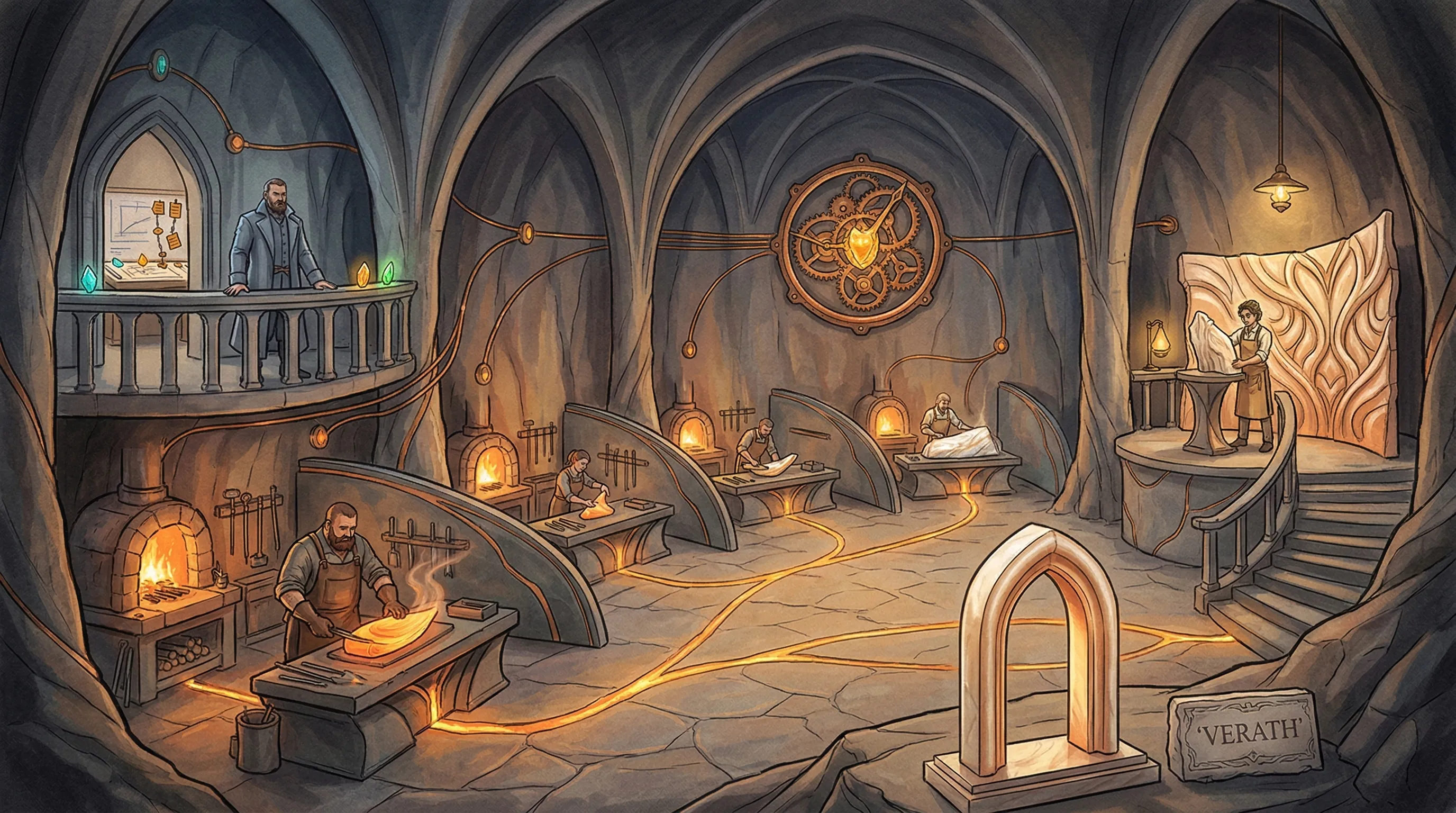 The coordinated stoneforge — Director at the planning table, Workers at separate isolated benches, Steward at the inspection station, the Pulse mechanism on the wall