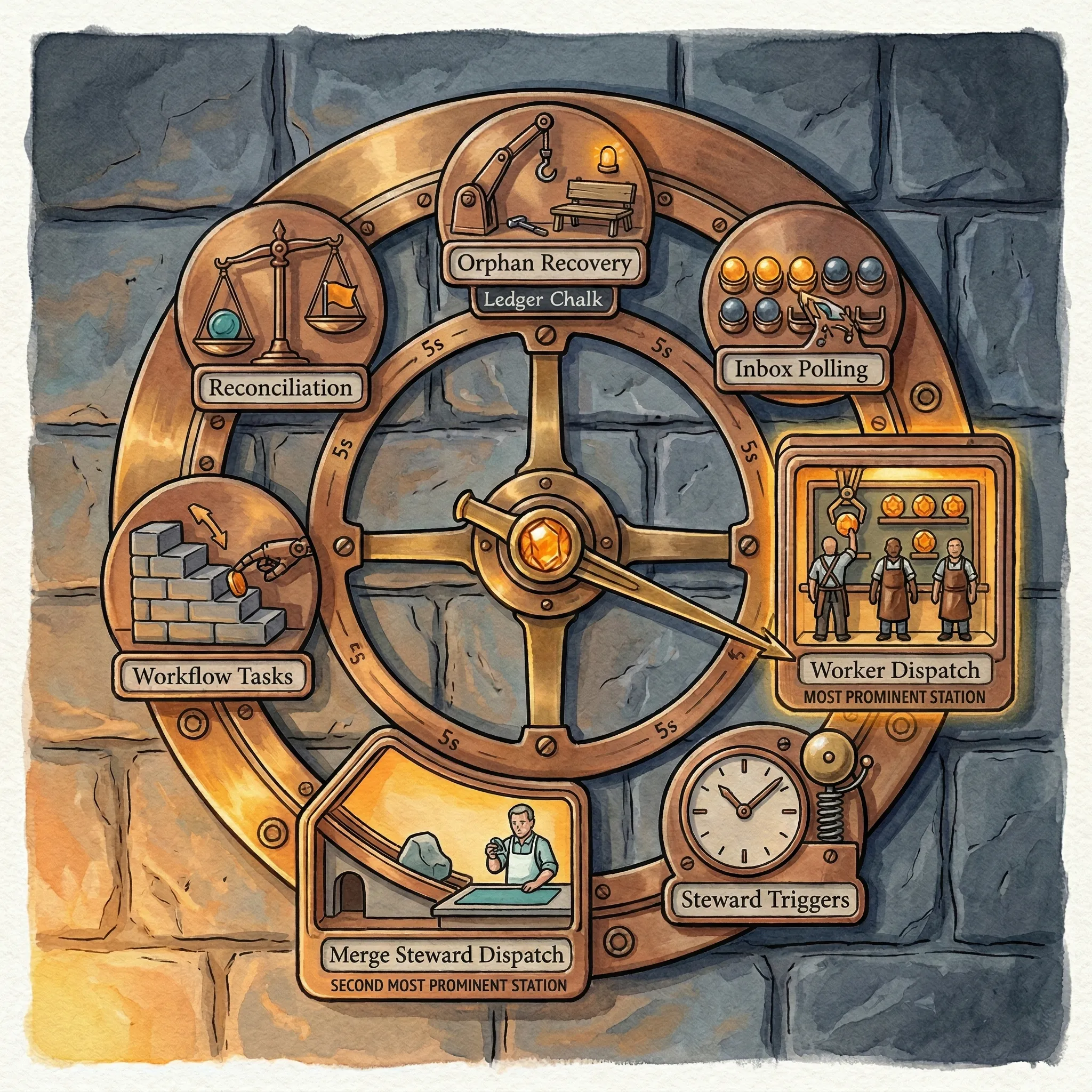 The dispatch daemon's seven-phase polling cycle — a circular clockwork mechanism showing all phases from orphan recovery through worker dispatch and merge steward dispatch to reconciliation