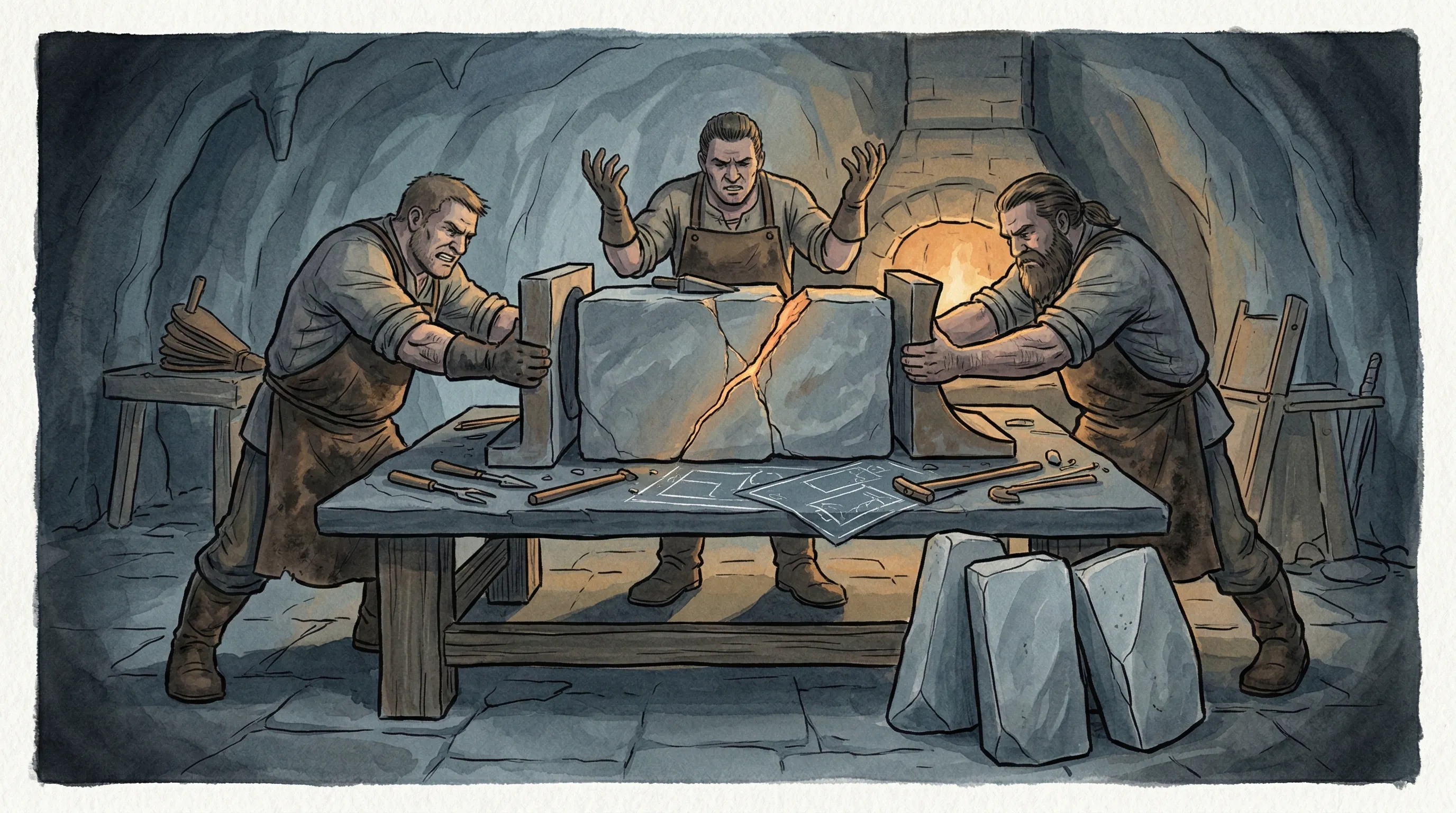 The Shattering — multiple artisans working the same stone block without coordination, conflicting shapes, cracked joins, tools scattered
