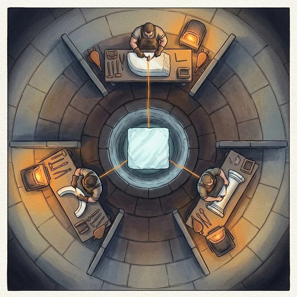 Three separate benches around a shared quarry — each artisan shapes their own copy of the source stone independently